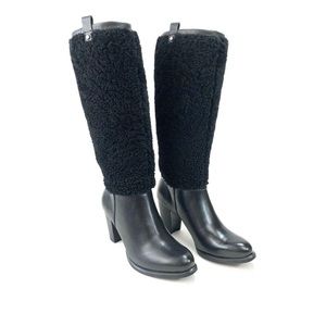 UGG Ava Exposed Fur Leather Knee High Black Winter Women's Boots